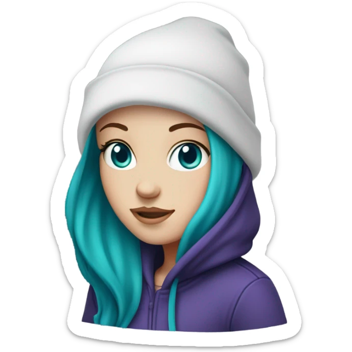 White girl, blue eyes, long teal hair, purple beanie hat, black hoodie sticker