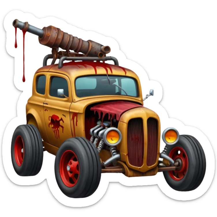 A mad max style hot rod in a zombie apocalypse, driving to the left. In the style of your bleeding skull art sticker