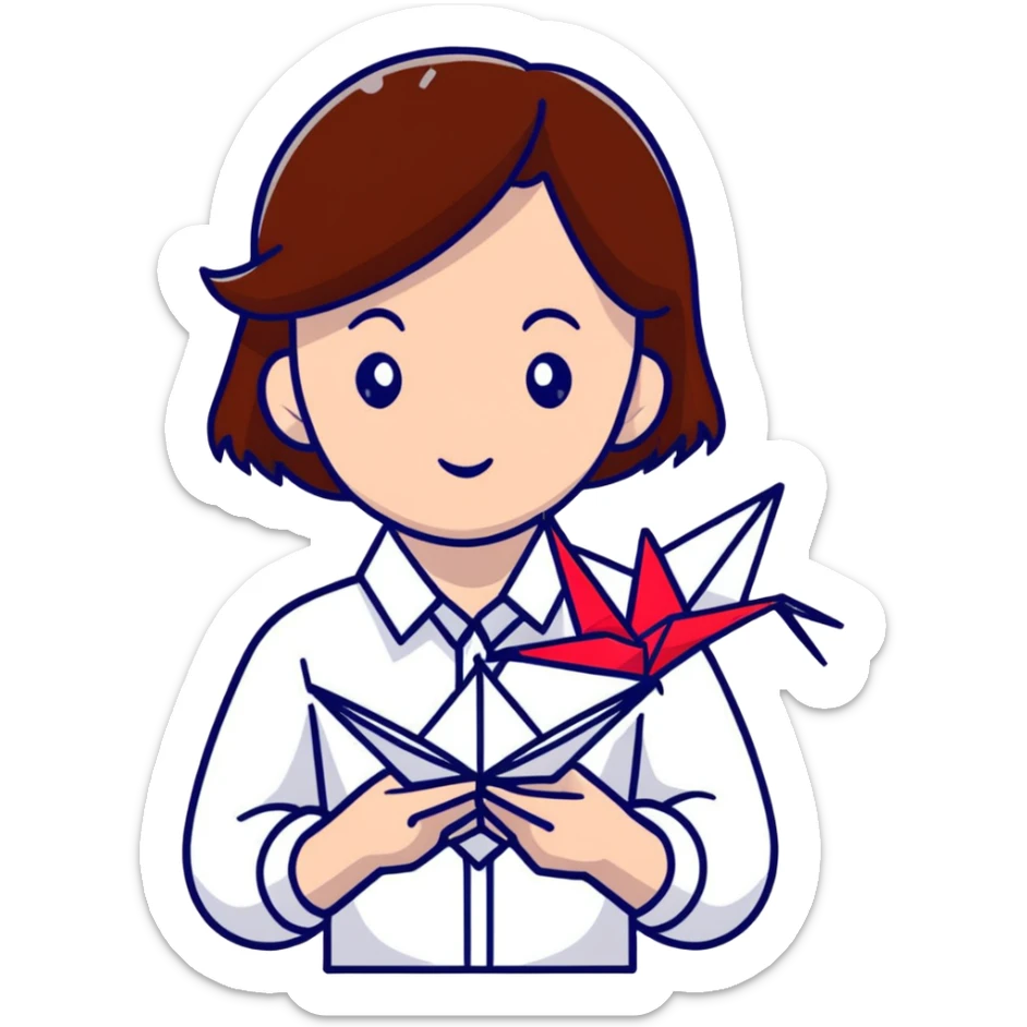 Ukrainian young girl with brown hair wearing a white embroidered shirt holds an origami red crane sticker