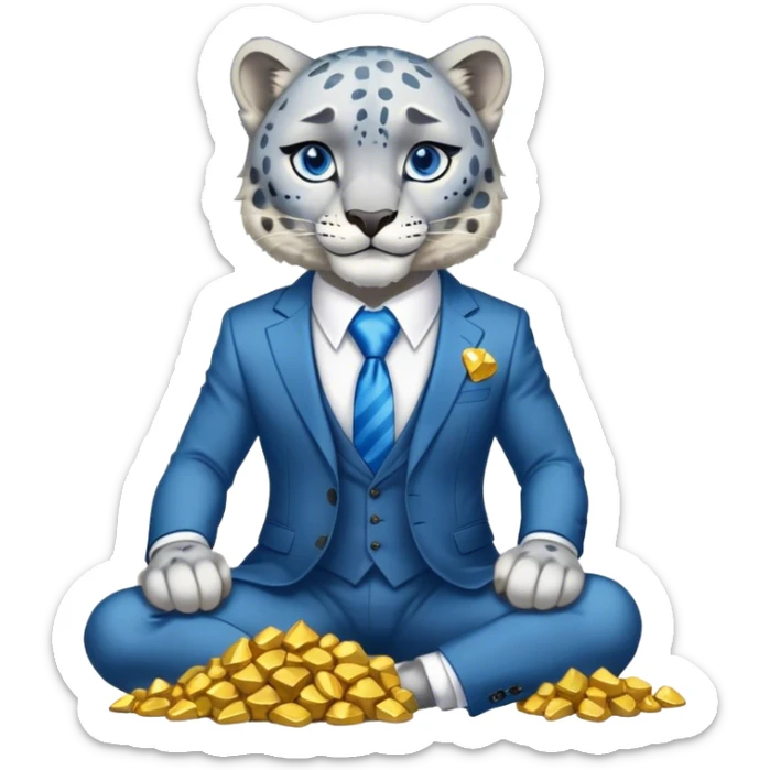 muscular snow leopard in suit with blue tie sitting on pile of gold nuggets sticker