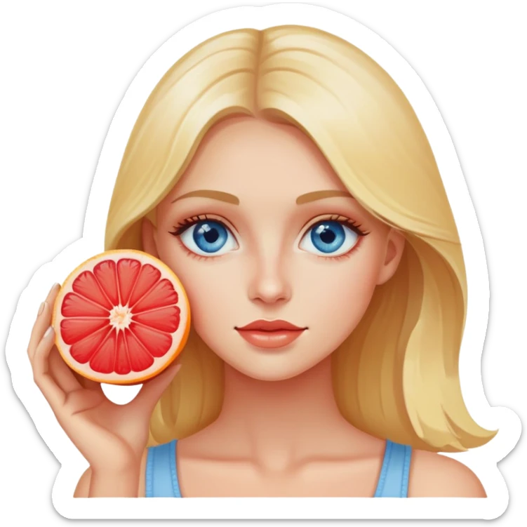 Beautiful blonde with blue eyes holds a cut piece of grapefruit near her eye sticker