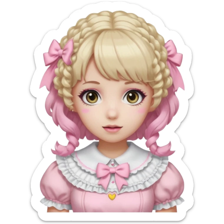 pale girl, curly medium blonde and pink hair, bangs, grey eyes, doll makeup, light pink lolita hime gyaru dress, emoji style sticker