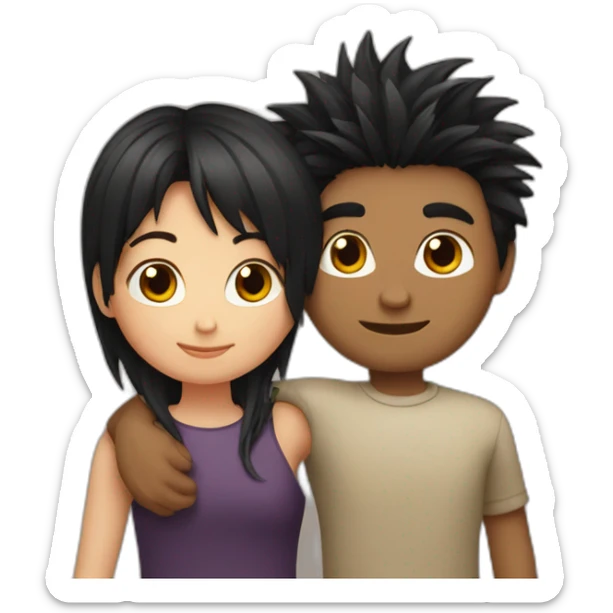 girl with black spiky hair hugging boy with brown hair sticker