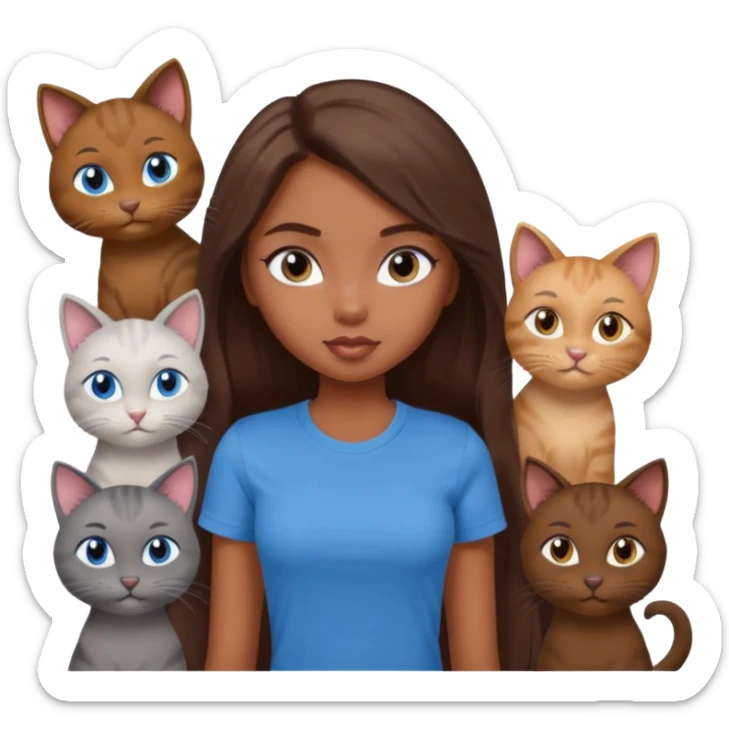 a pretty bratz dusky girl with long brown hair, blue eyes with six cats nd wearing a grey tshirt sticker