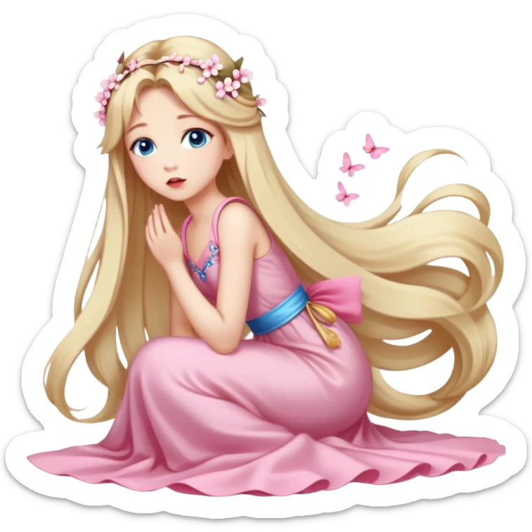 Girl with long blond hair and sakura accessories on her hair with a long tailed dress on the ground and have blue eyes beautiful finish and she sending lovely kisses  sticker