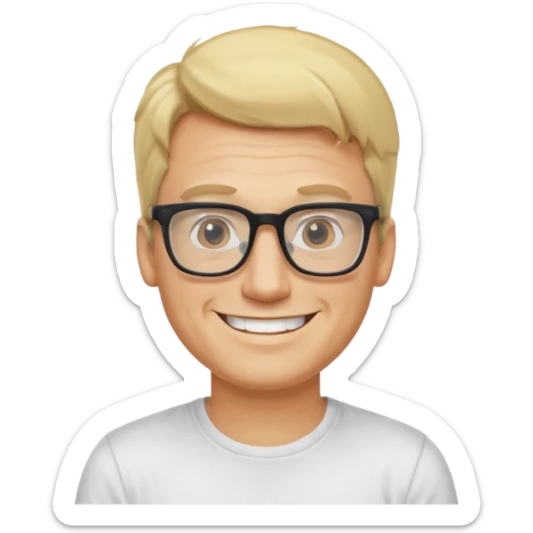 portrait of adult man, wearing a t-shirt, square glasses, grinning face, blond hair sticker