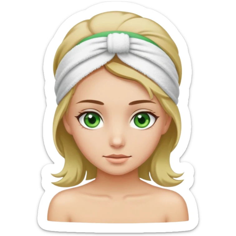 girl with green eyes and dirty blonde hair wearing a towel and headband at a spa sticker