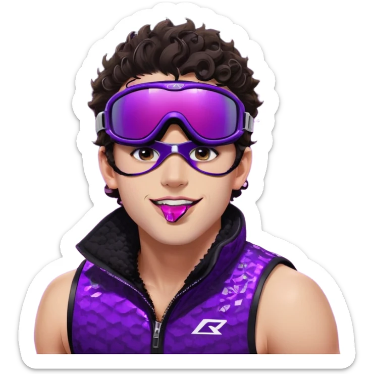 close-up of cool guy male athlete with white skin and moderately curly dark brown hair on top with shaved sides, with one purple ski goggle lens pushed up above his eyes on his forehead, sticking his tongue out of his mouth, wearing only a plain black chain necklace around his neck, and a completely unzipped sleeveless vest with purple and black sequin fire pattern design with no logo, clearly showing he is shirtless underneath with exposed chest and abs sticker