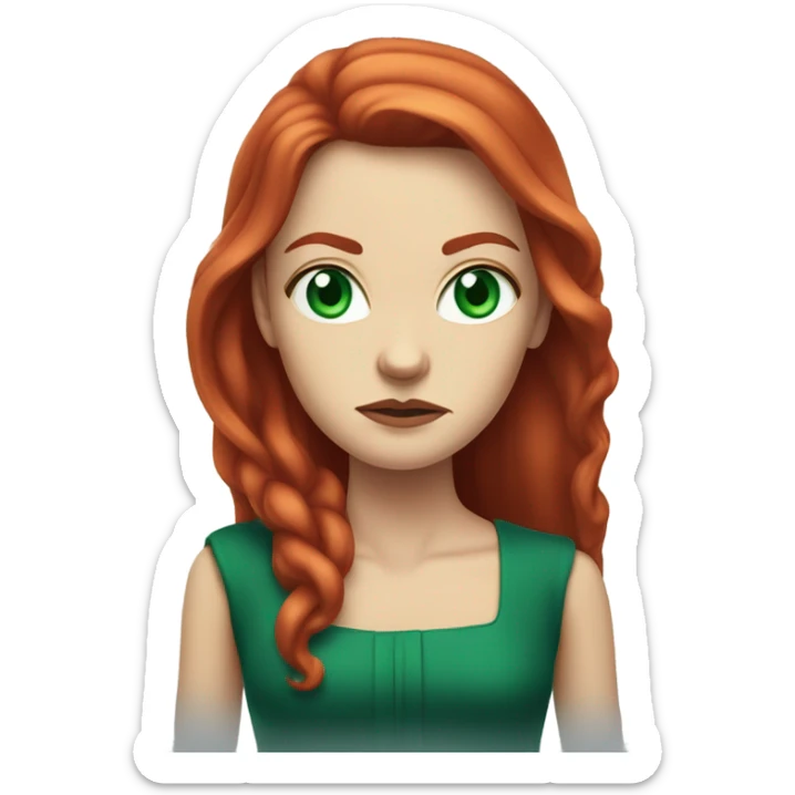 Rich woman, red long hair,  pale-skin, emerald blue-green-eyes,  scowling, very small nose, glaring, angry sticker