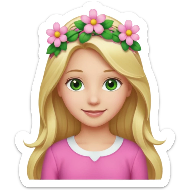 Girl profile picture with long blonde hair and green eyes and a flower in her hair. and a pink outfit sticker