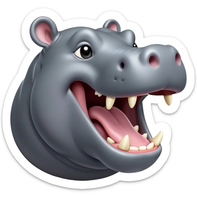 cinematic-noble-yawning hippo-portrait-emoji,-poised-and-regal,-with-a-massive,-robust-build-and-a-smooth,-sleek-slate-gray-hide,-deep-set-soulful-eyes,-simplified-yet-sharp-and-sophisticated-features,-highly-detailed,-glowing-with-a-soft radiance, mouth open wide exposing teeth sticker