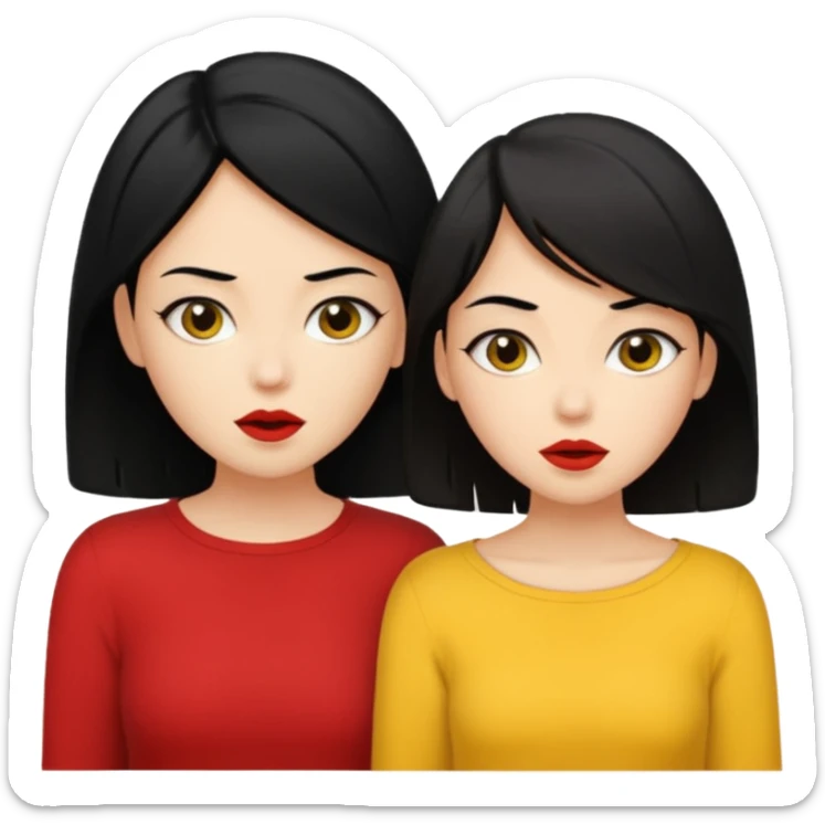2 girls gossiping secretly. both are fair and have black hair. One has short hair and is tan, one has long hair and is fair. One is wearing yellow, one is wearing red sticker