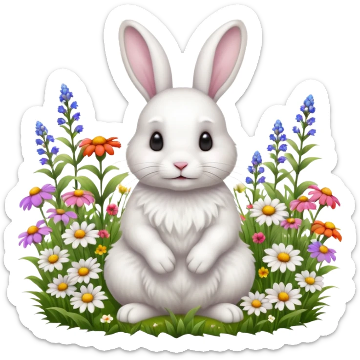 A fluffy white rabbit sitting in a meadow full of colorful flowers, ultra-realistic, high detail, soft morning light sticker