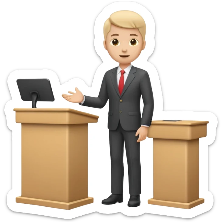 A minimal flat emoji-style icon of a person giving a presentation, standing behind a simple podium, front-facing, clean vector style, rounded shapes, no facial details, solid single color, white background, modern startup pitch deck icon sticker