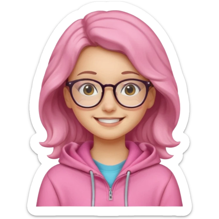 Girl with glasses and wearing a pink hoodie, medium gavy hair and cute smile  sticker