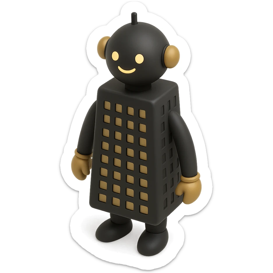 a smiling robot with a skyscraper-like body sticker