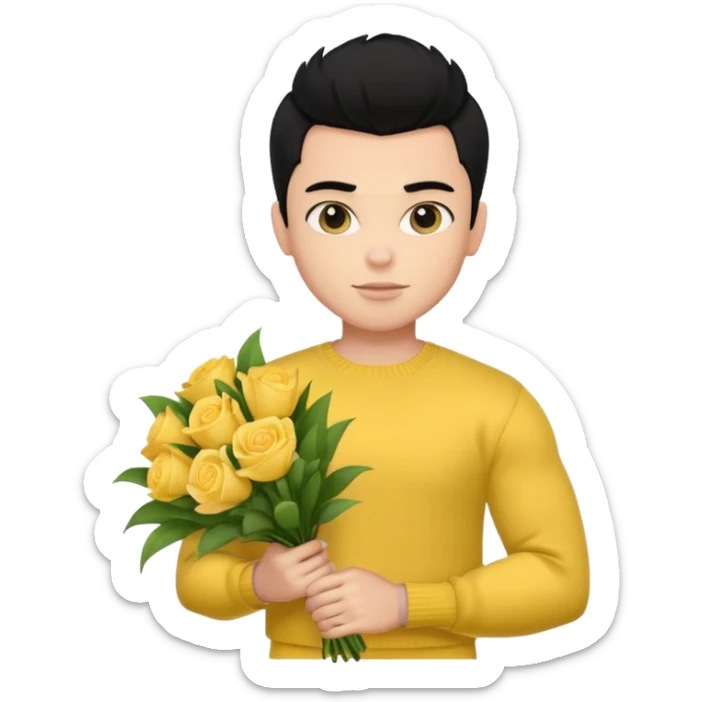 a pretty bratz guy carrying a bouquet and a yellow sweater. Muscled. black hair sticker