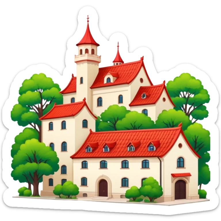 Qingdao European style buildings in Badaguan area with red roof and green trees, simplified emoji style with bold outlines and bright colors, cartoon style German architecture sticker