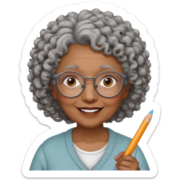 old woman teacher, brown skin, curly grey hai, wearing glasses, hold chalk on hand sticker