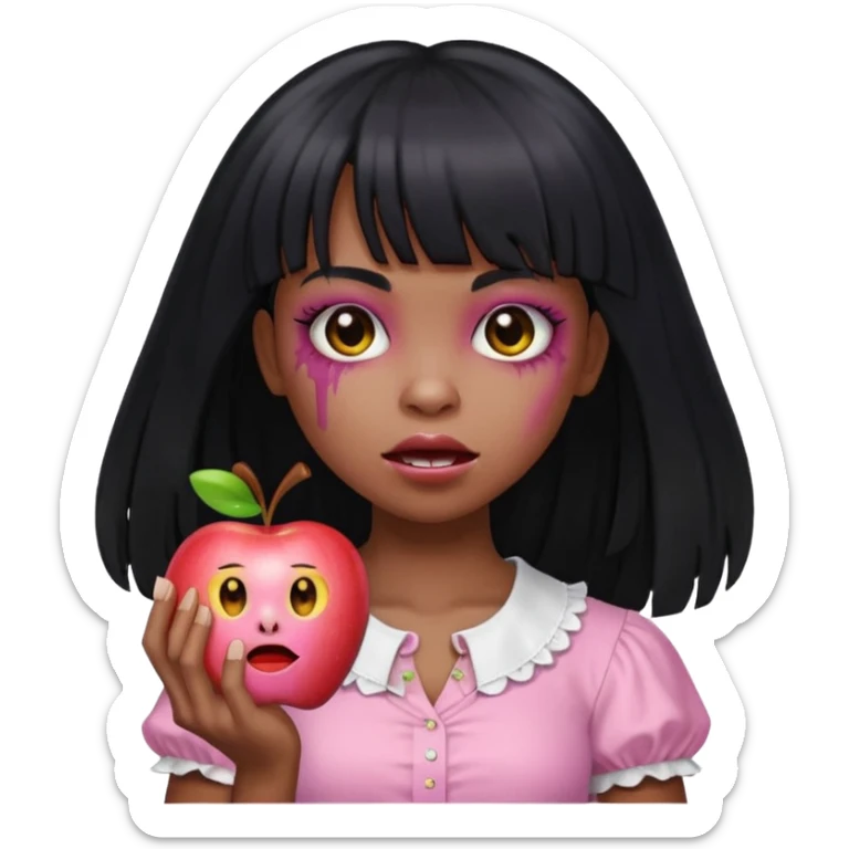 emoji apple light skinned black zombie girl with long black hair and bangs with a light pink blouse  sticker
