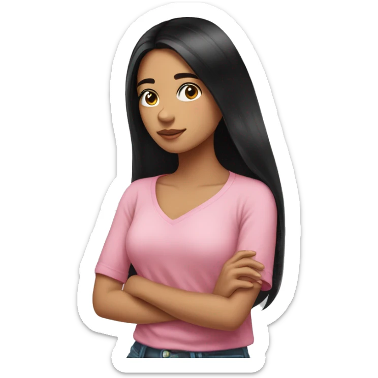 beautiful girl, long black hair, pink shirt, looking over her shoulder, Mexican  sticker