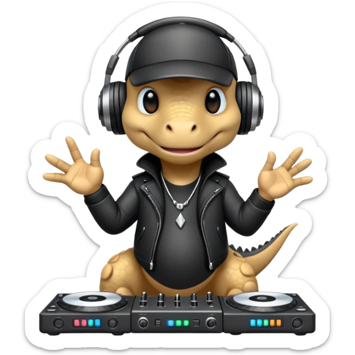 Dinosaurio muy tierno músico DJ con ropa negra futurista  sticker