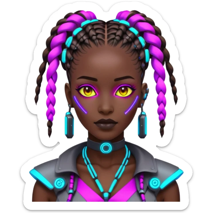 Cyberpunk African woman with futuristic braids, neon glowing accessories, tech implants, and vibrant colors sticker