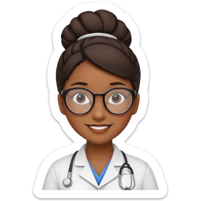una enfermera escolar con gafas llamativas y un moño pequeño, morena de piel y pelo sticker