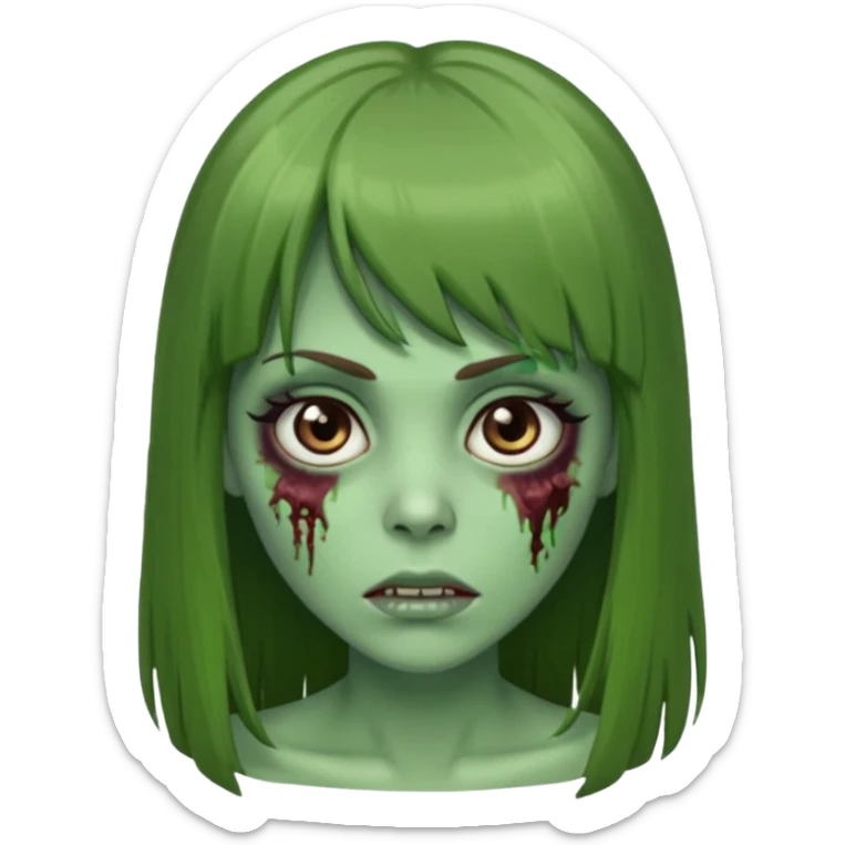 Zumbi feminino, de pele verde, cabelo longo liso e castanho com franja. rosto oval e cilios grandes sticker