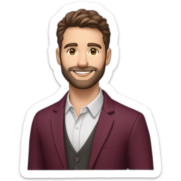 caucasion 30-year-old male teacher, brown eyes and short brown hair with short brown beard. Smiling. Wearing burgundy blazer and collarless white shirt. Wearing a purple lanyard sticker