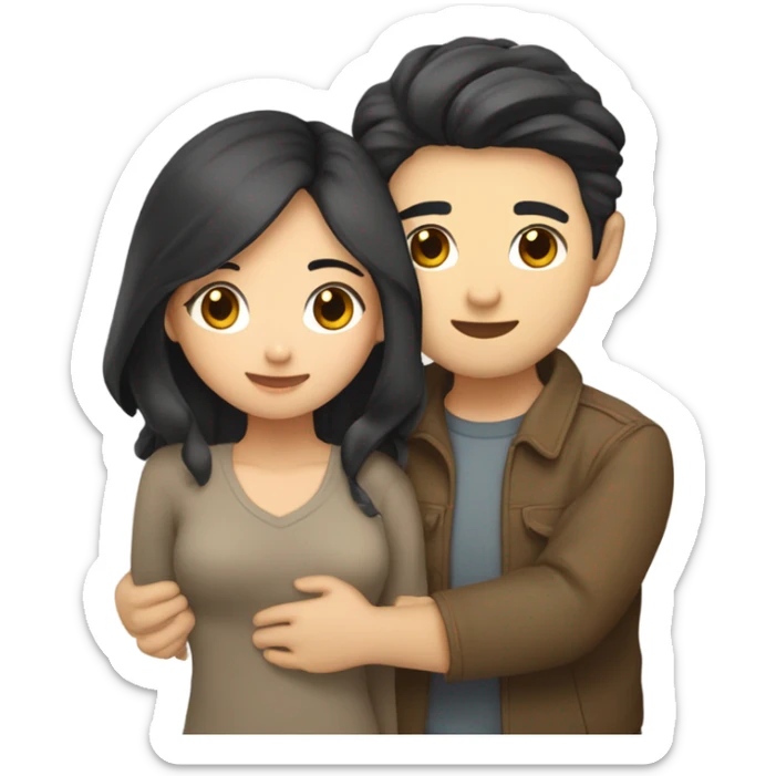 A cute Asian couple hugging each other very tight. The girl has long dark wavy hair and pale skin and dark hazel eyes, the Man has short dark straight hair and bright amber eyes and is pale sticker