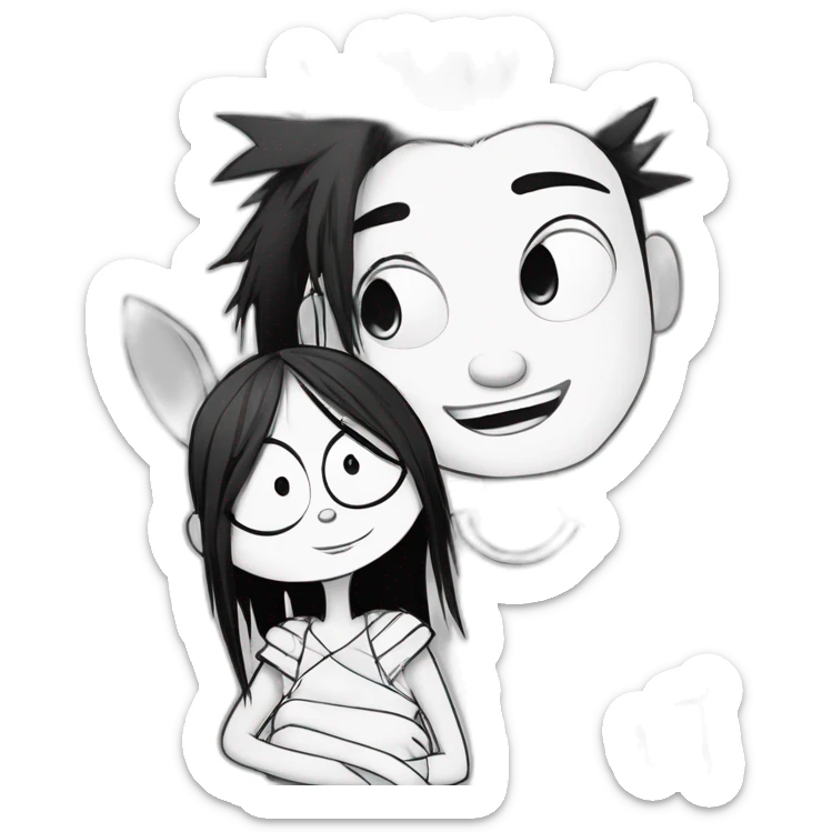 a dog and a girl with black spiky hair looking at each other in style of ((sarah andersen)), black and white,sarah andersen,cartoon,drawn,sketch sticker