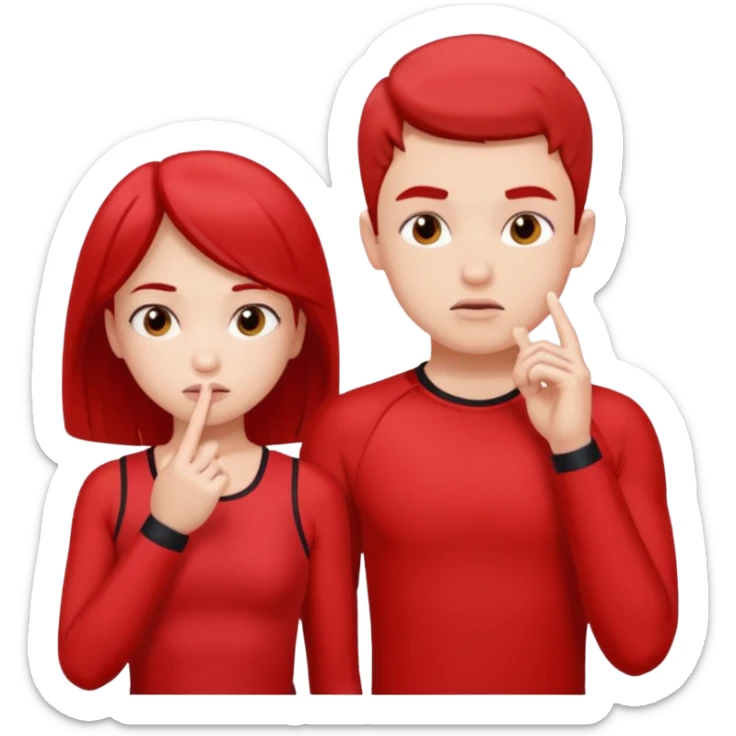 Girl and boy in red gym clothes and thoughtful faces and They have one hand on lip sticker