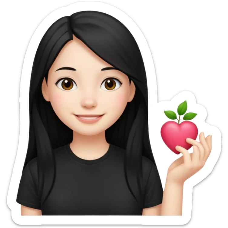 a pretty bratz fair girl with straight long black hair, wearing a black tshirt, smiling sticker