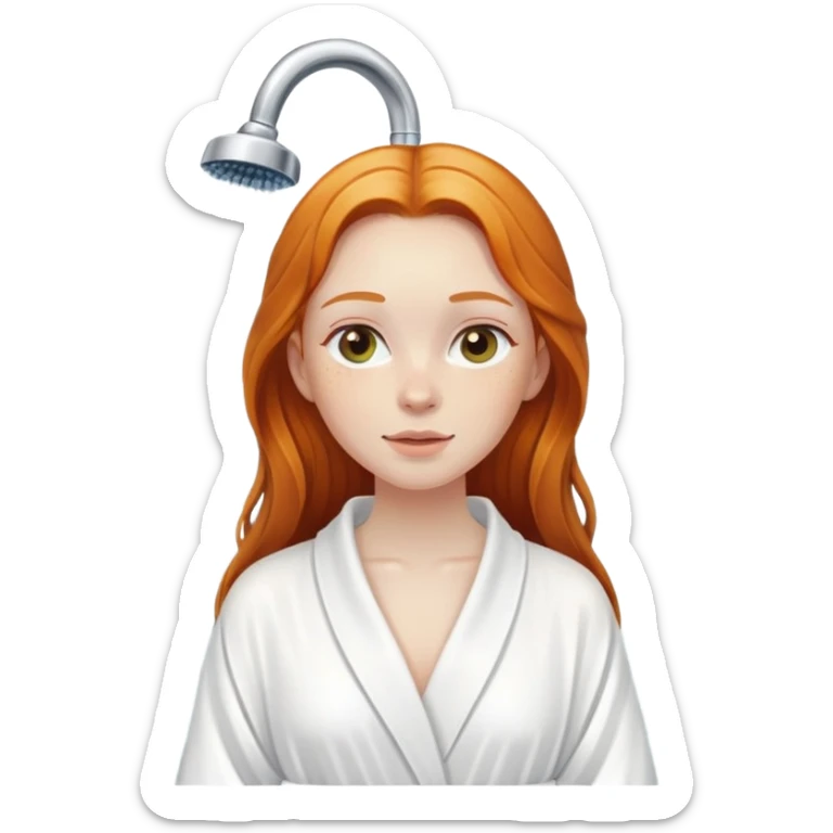 Ginger girl in white robe long wet hair relaxing shower skin care sticker