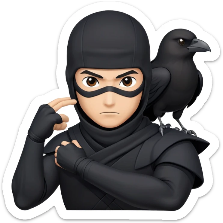 clash-of-clans-aesthetic_-cinematic-mysterious-male-ninja-portrait-emoji, rendered in a flat, vector-style with minimal shading and bold, simplified shapes, his arm is stretched out  with a head slightly turned revealing intense, focused eyes. the ninja has his arm out and perched on top of his forearm is  a  giant black crow sticker
