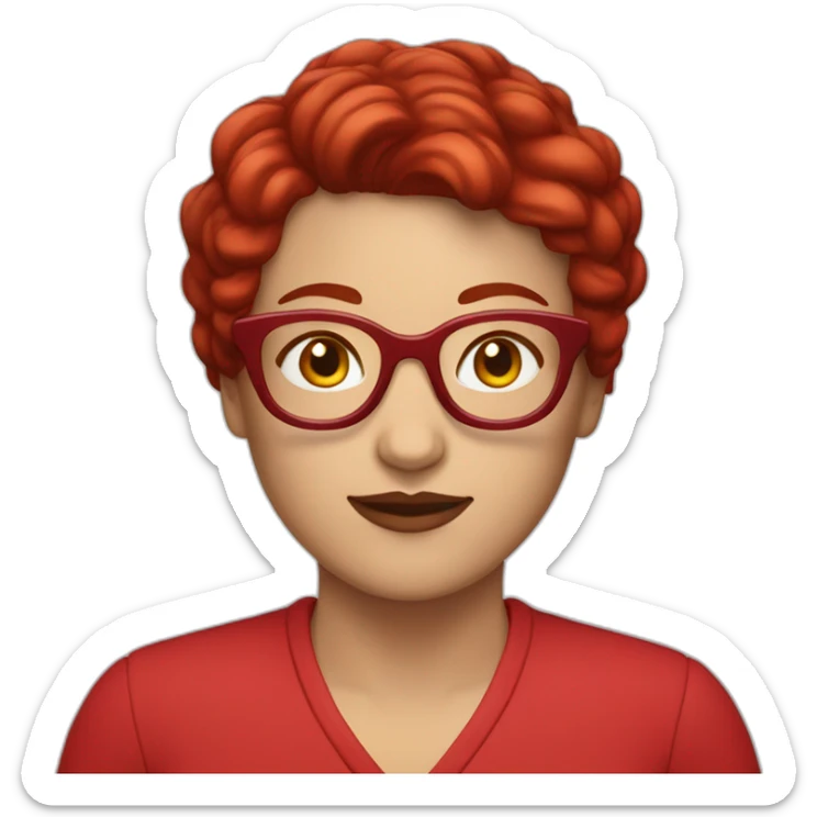 white woman with pixie cut dark red hair and big red glasses wearing red clothes sticker