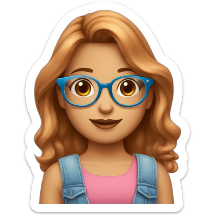 Una niña de cabello rubio corto con corte degradado y lentes oscuros, sombrero para verano rosa claro y una casaca grande hasta el cuello azul sticker