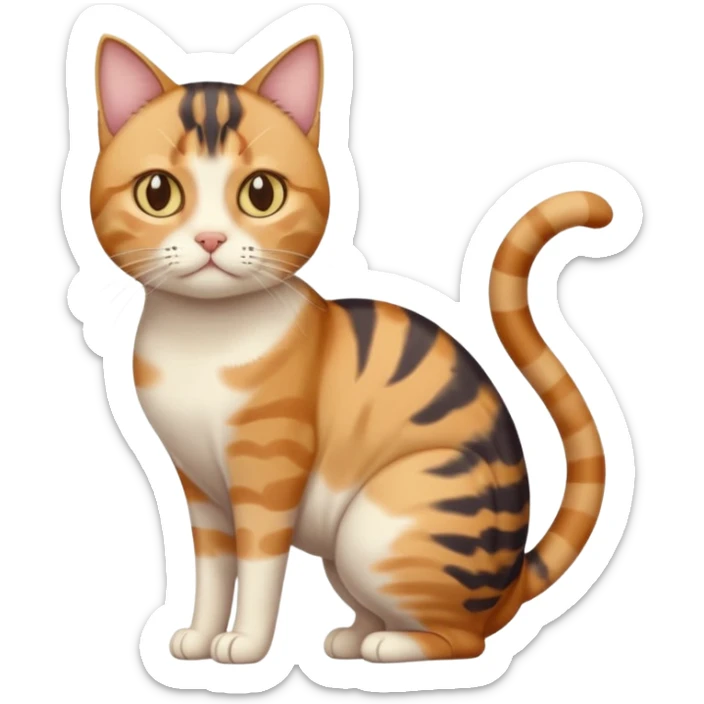 full body calico tabby cat with skinny head and fat body with an anxious face sticker