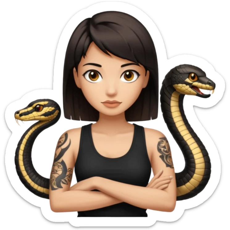 Femme brune yeux marron avec une coupe carré noir qui descend sur l'épaule , femme couleur de peau un peu bronzé mais pas metisse, avec un cobra a côté , débardeur noi , avec un tatouage sur le bras droit sticker