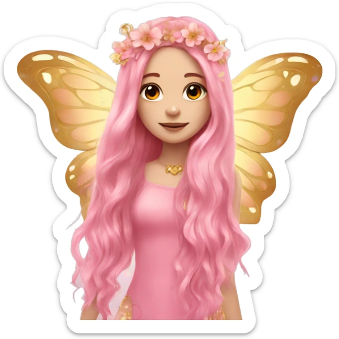 Beautiful, flower, fairy, pink, gold, long hair, butterfly wings sticker
