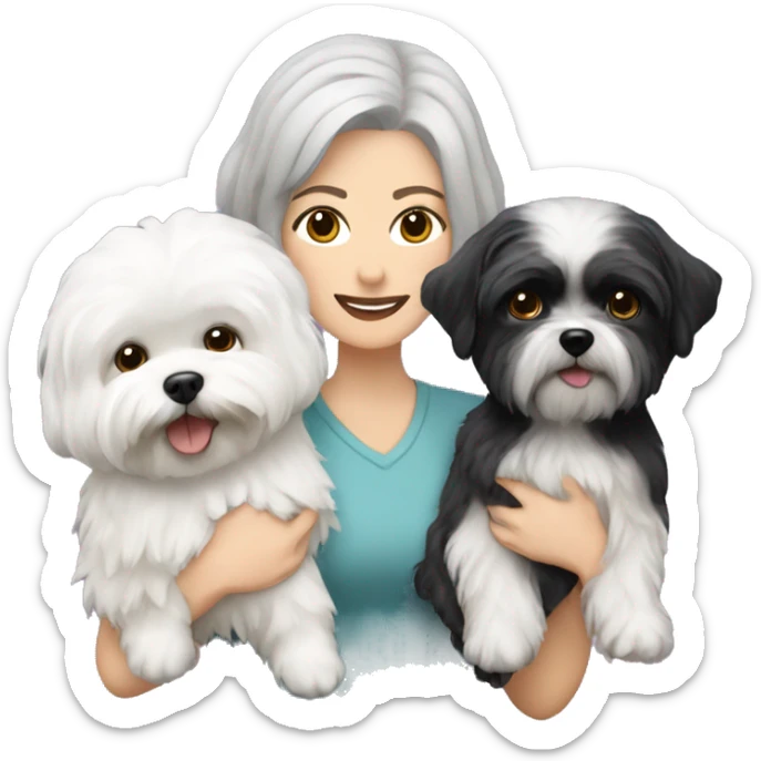 White women with short grey hair holding two dogs one black shih tzu and one white bichon frise sticker