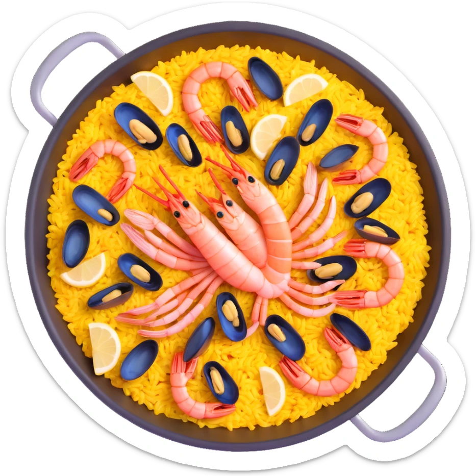 traditional Spanish seafood paella with shrimp, clams, mussels, saffron rice in a paella pan sticker