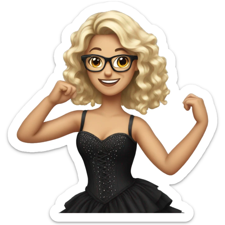 Girl with shoulder length hair and glasses wearing a long black dress with a rhinestone coveted corset top dancing sticker