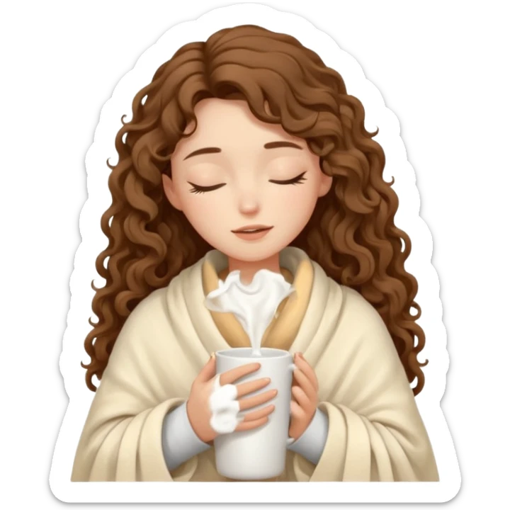 slender girl with fair skin with long curly brown hair girl closed her eyes and wrapped in a cream soft blanket holding a white mug in her hands sticker