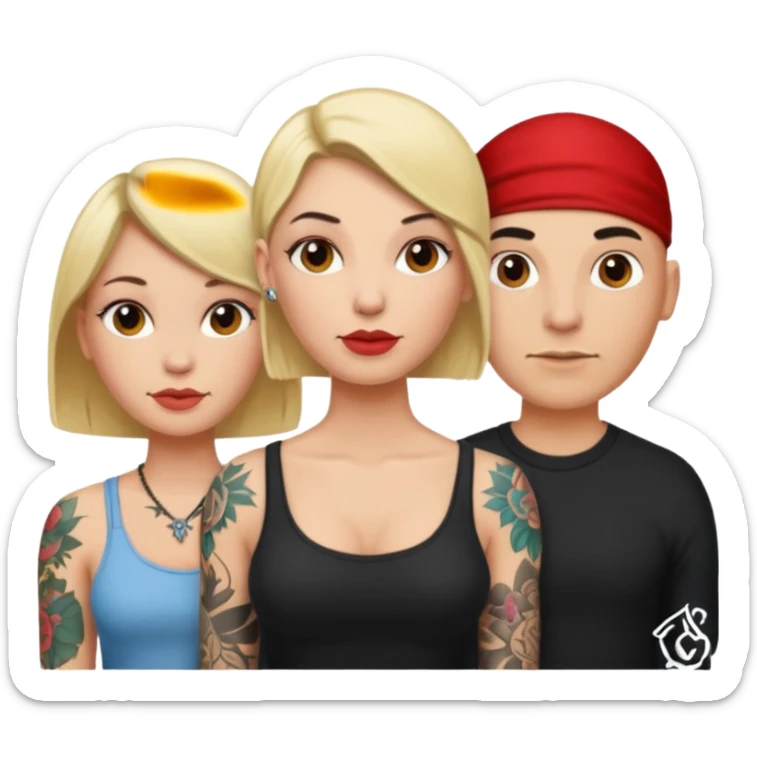 throuple blonde female brunette female with tattoed bald male sticker