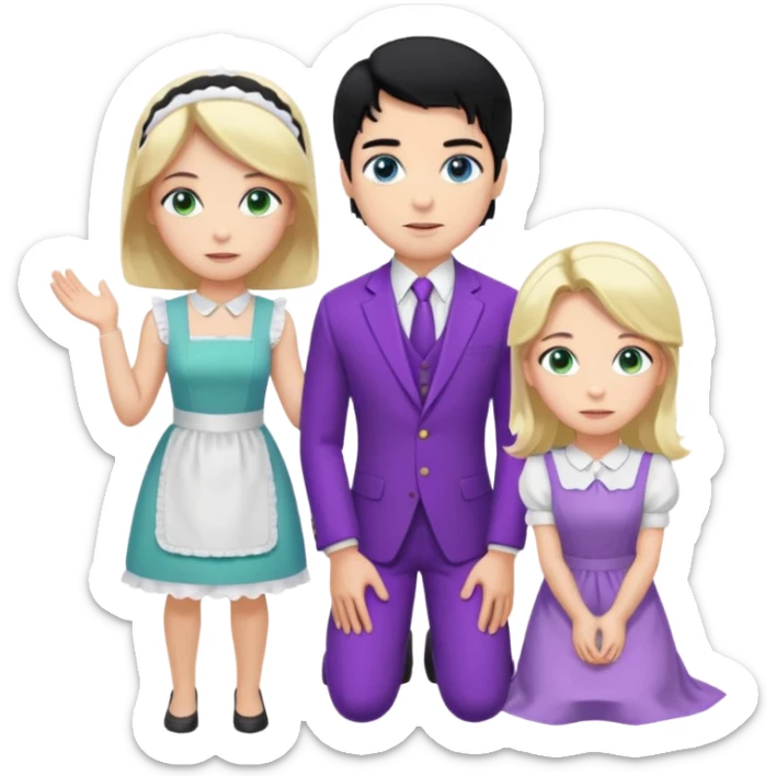 Prince, standing, black hair, blue eyes, and maid, blonde Hair, green eyes, white short sleveless dress, kneeling  sticker