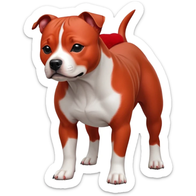 cinematic-[Staffordshire bull terrier]-realistic-full-body-standing-emoji,-tail-resting-loosely-beside-its-paws,-head-tilted-dramatically, -sleek-[red and white]-fur,-simplified-yet-realistic-focused-features,-highly-detailed,-glowing-with-an-almost-sarcastic-glow sticker