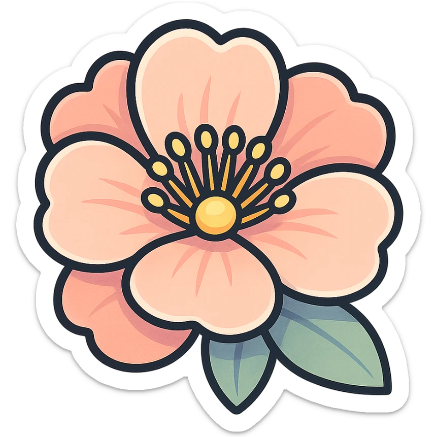 cute peach flower, icon-color-outlined style, more volumetric and detailed, detailed petals, smooth color transitions, shadows and highlights, thin clean contours, soft rounded shapes, pastel palette #98B5BC, #B5B3C1, #C9A3C9, #E4C0CA, #F7DCD1, #F7C0AA, modern Japanese pop art and sticker aesthetics, soft lighting, transparent background sticker
