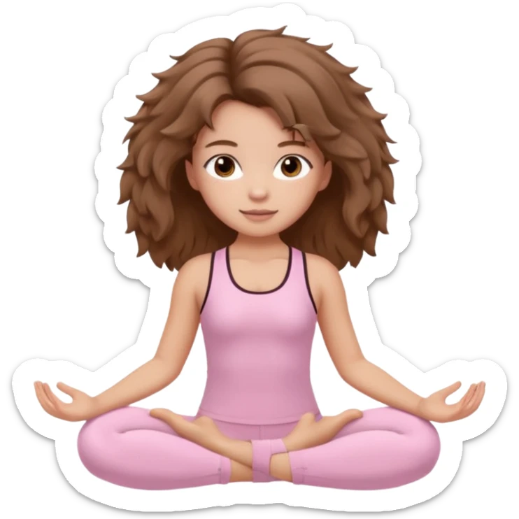 brown hair girl wearing light pink pilates clothes, fluffy medium hair and brown eyes sticker
